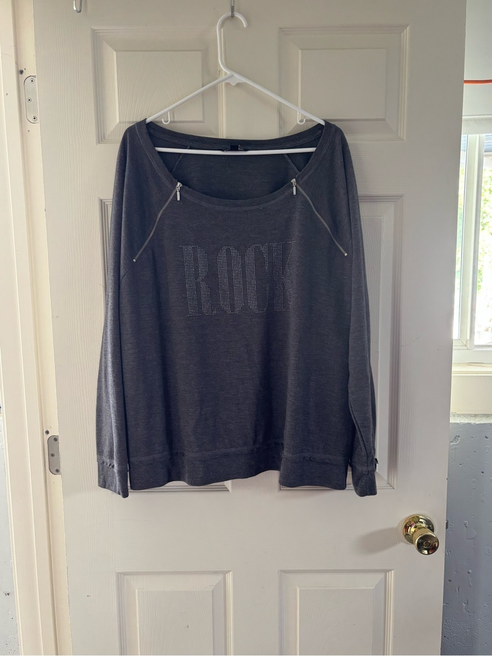 Rock & Republic Charcoal Gray Scoop Neck Rhinestone 'ROCK' Sweater